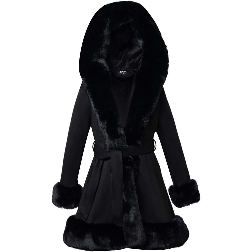 Women’s Black  Winter Faux Fur Leather Coat with Belt Long Sleeve Peplum - Picture 5 of 5